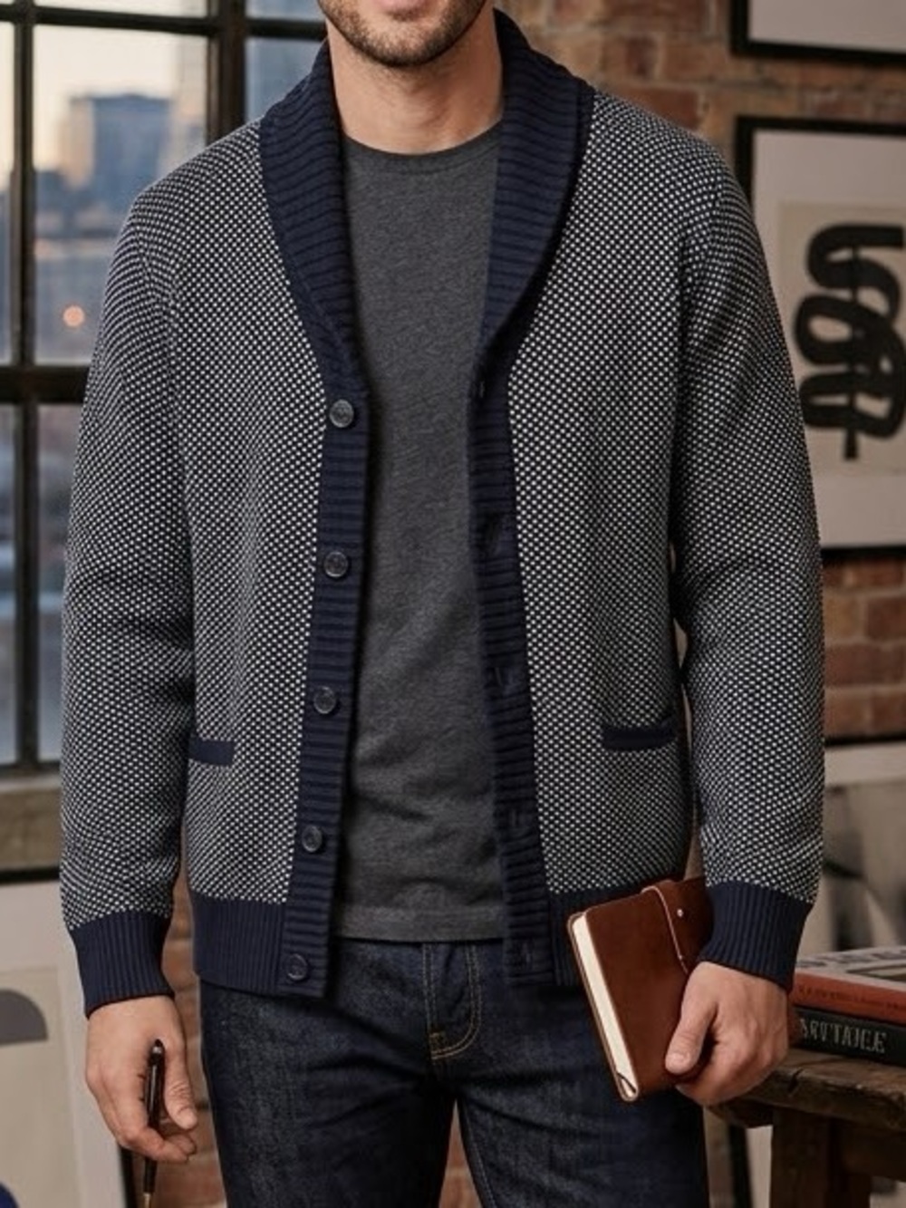 BEN SHERMAN Navy and White Shawl Collar Cardigan Sweater Micro-Dot Knit